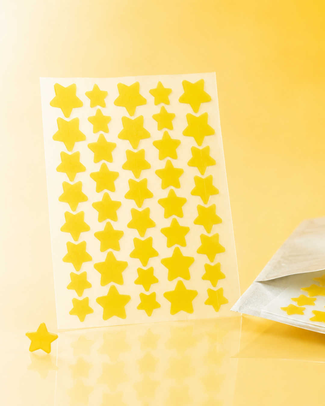 A sheet of yellow star-shaped hydrocolloid patches from the brand Patch Club
